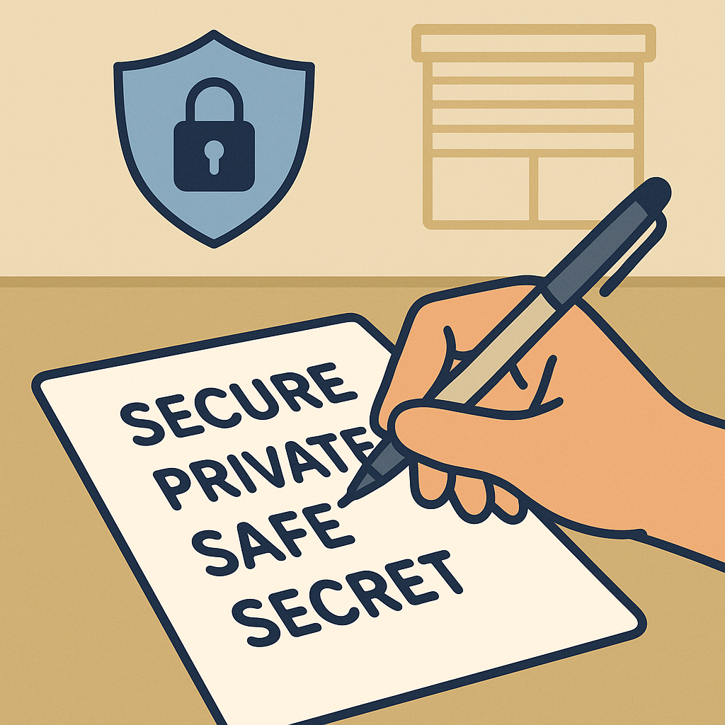 A hand writing a list of words on paper, with a secure, private setting in the background.