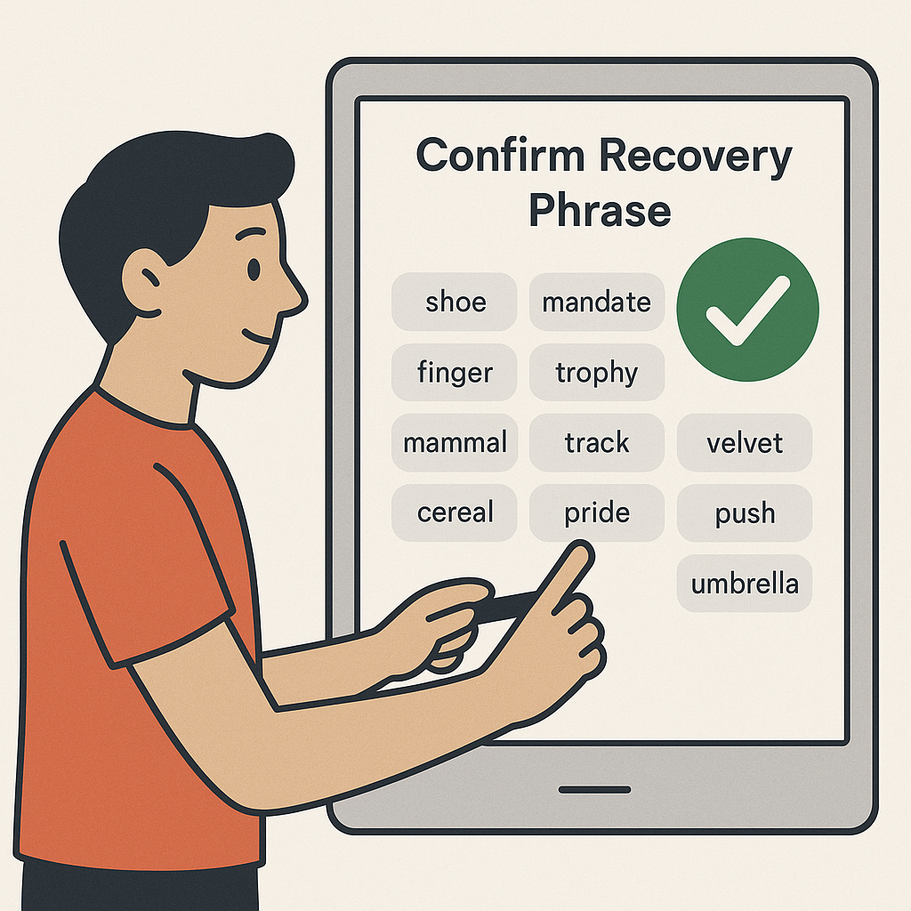 A user confirming a recovery phrase on a secure digital interface, with a checkmark indicating success.