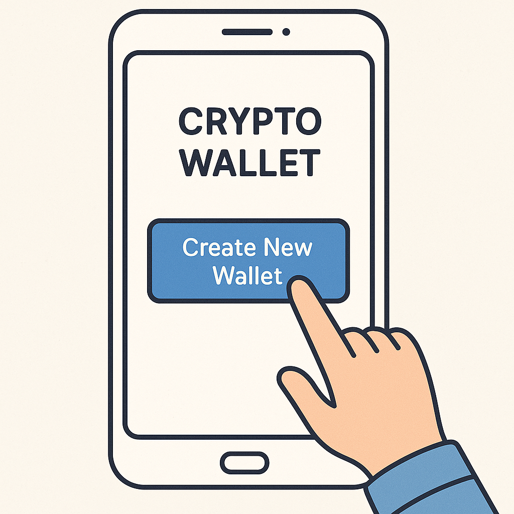 A user tapping 'Create New Wallet' on a clean, user-friendly crypto wallet interface.