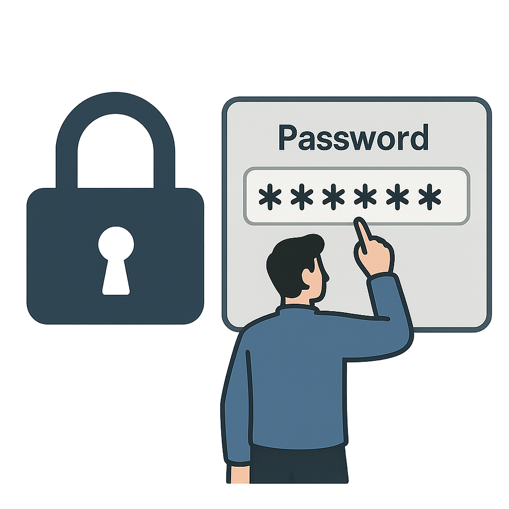 A digital lock icon with a user entering a strong password on a secure screen.