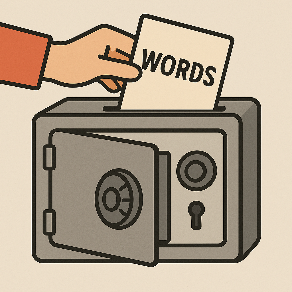 A piece of paper with words on it being placed into a locked safe or hidden compartment.