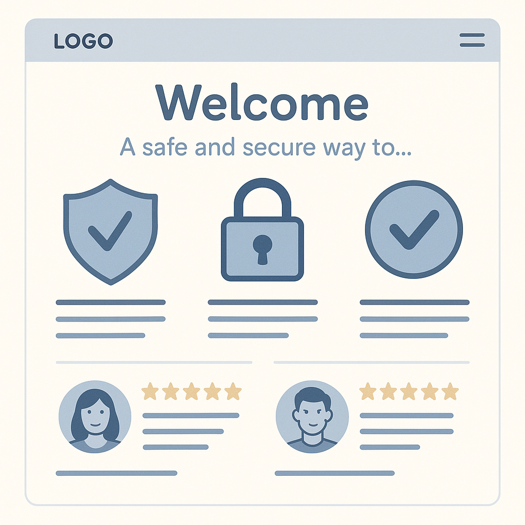 A calm, trustworthy-looking website interface with security icons, user reviews, and a welcoming design