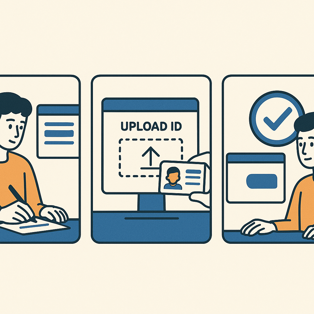 A person filling out a secure online form, uploading ID, and receiving a verification checkmark