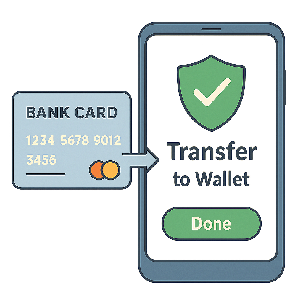 A bank card and smartphone showing a successful money transfer to a digital wallet
