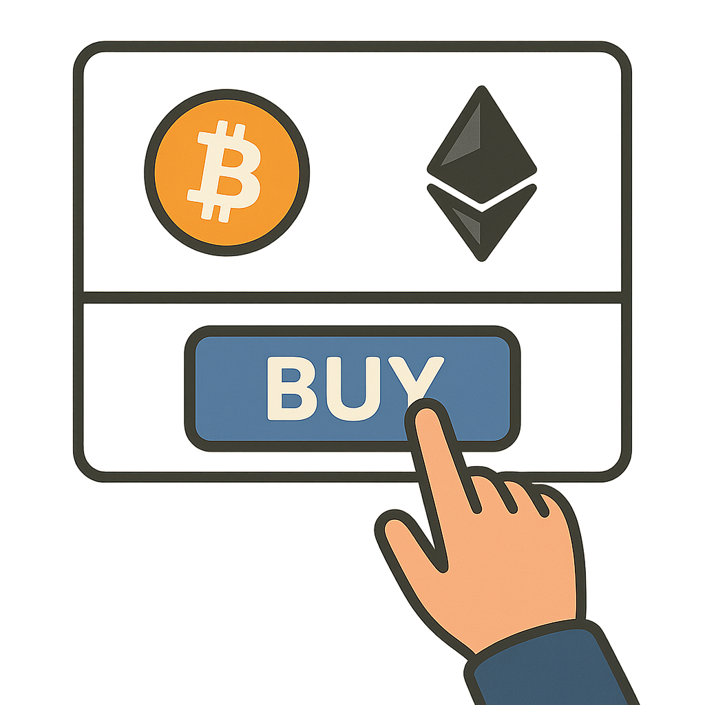 A user clicking 'Buy' on a digital interface, with Bitcoin and Ethereum logos visible