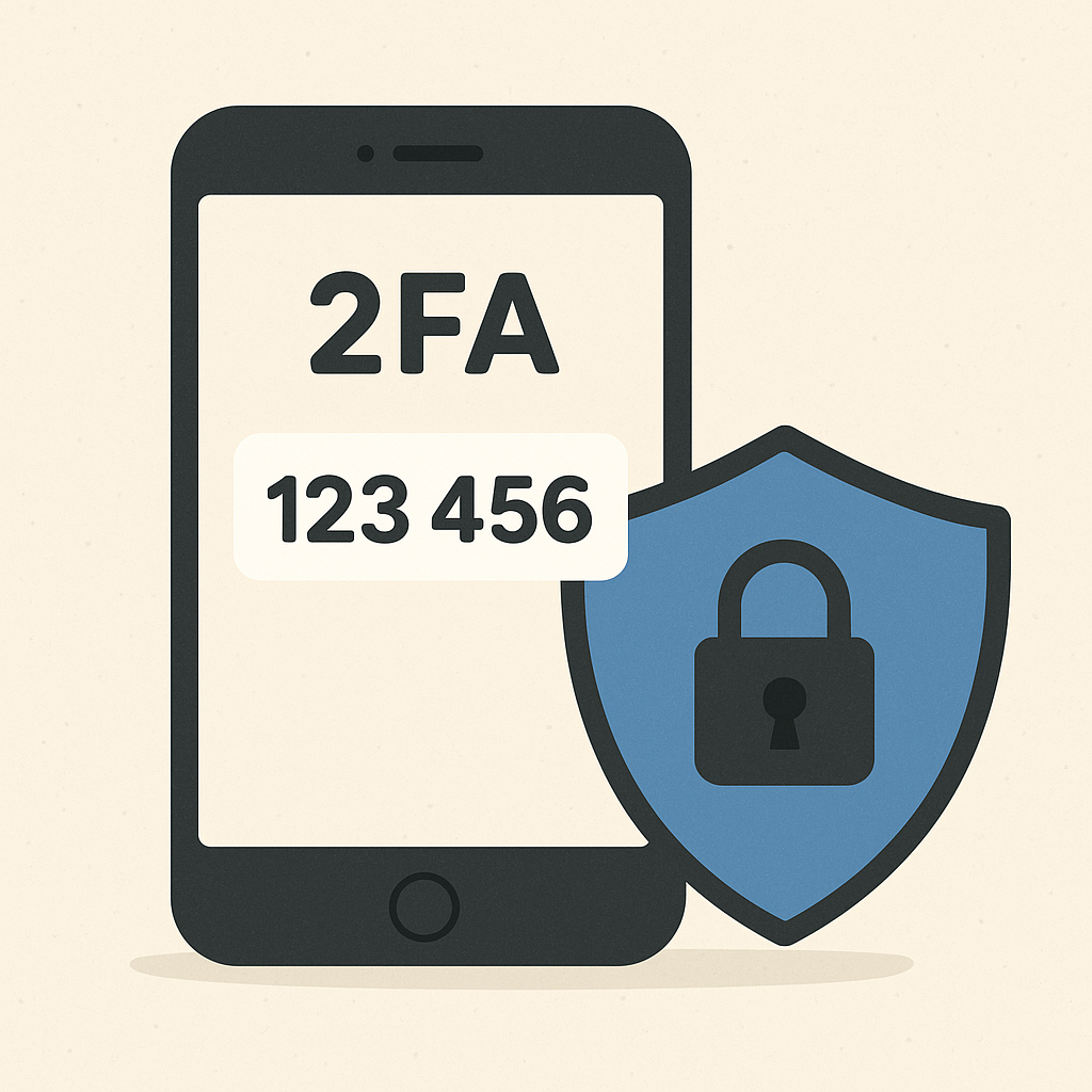 A smartphone displaying a 2FA code next to a lock and shield symbol