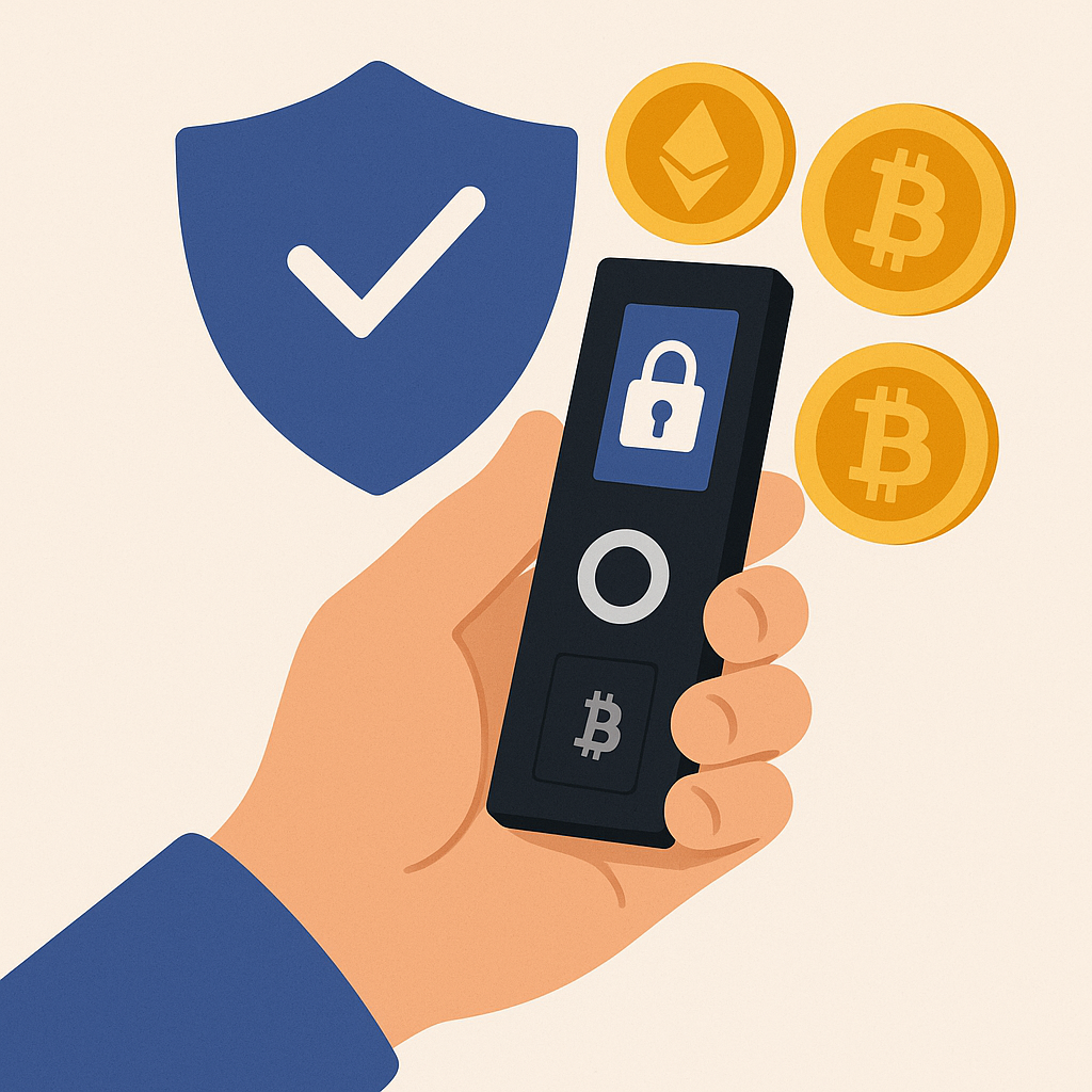 A hand holding a hardware wallet, with a shield and digital coins in the background