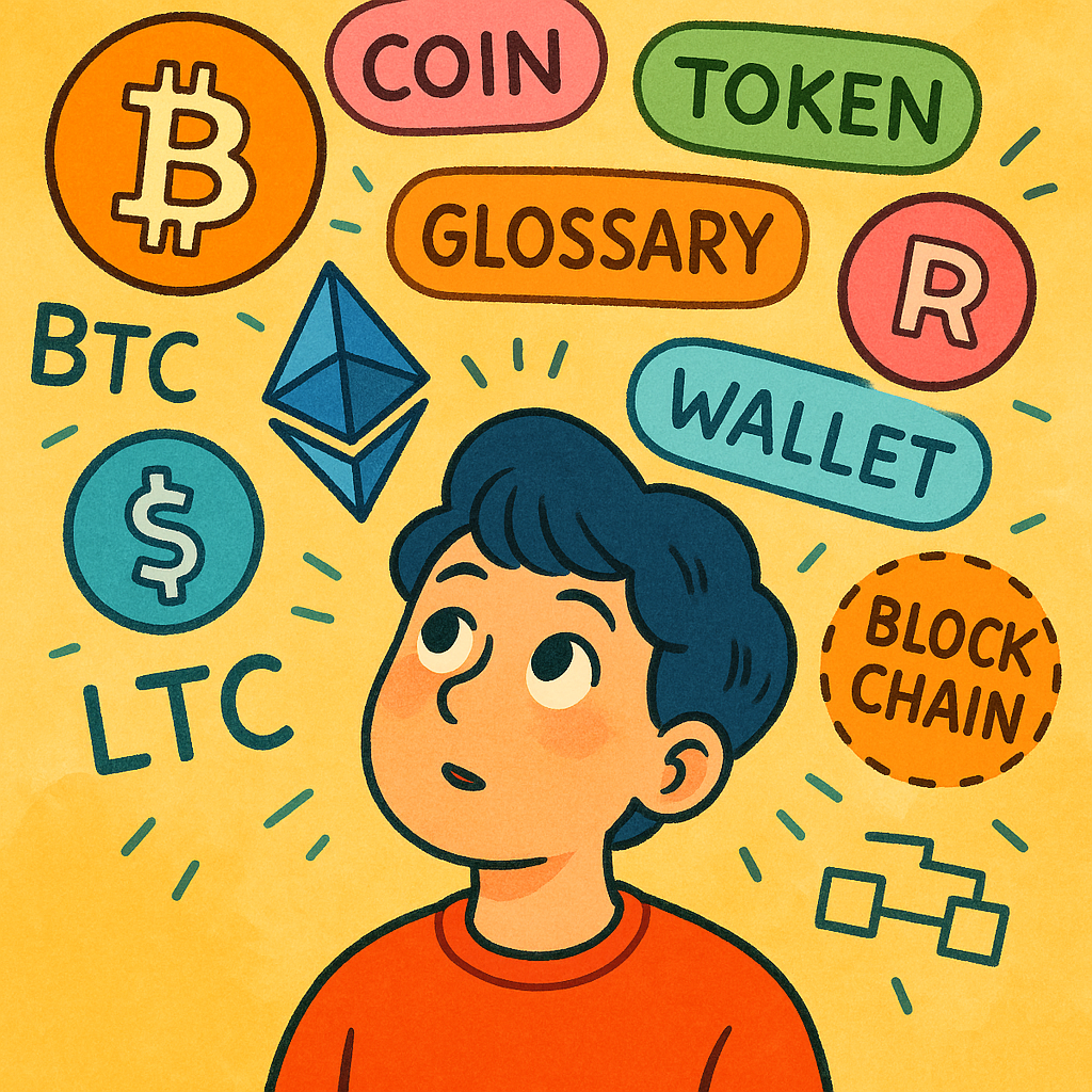 Colorful illustration of a curious beginner surrounded by floating crypto symbols and glossary terms