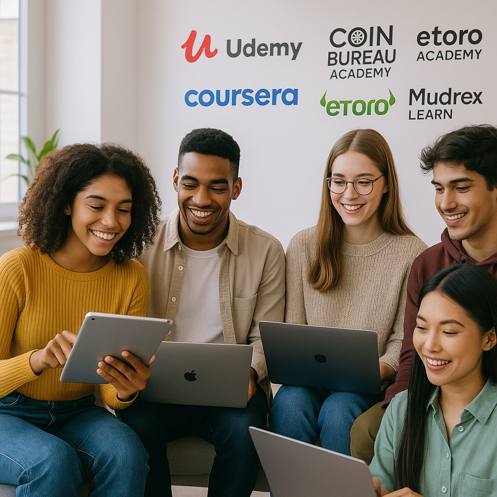 Diverse beginners learning cryptocurrency on laptops and tablets in a modern space, representing top interactive crypto learning platforms like Udemy, Coursera, Coin Bureau Academy, eToro Academy, and Mudrex Learn in 2025