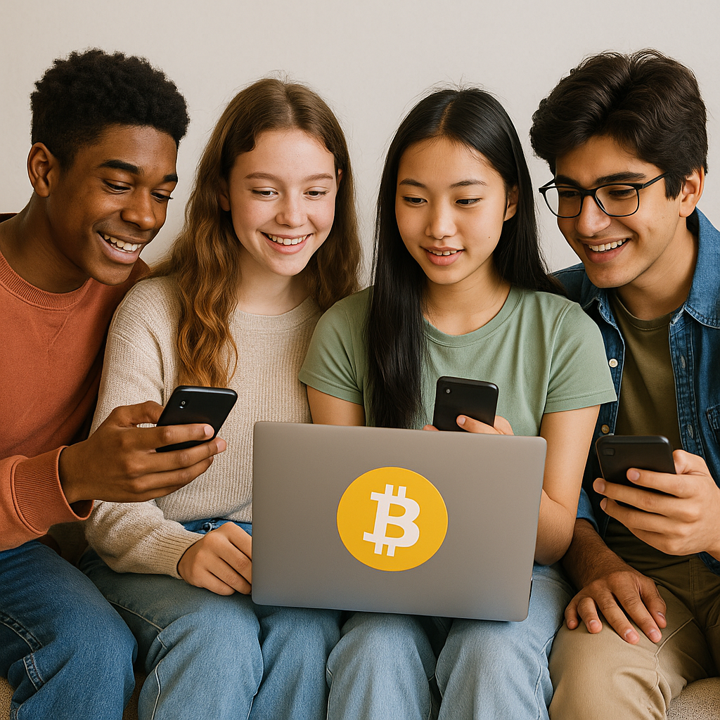 Diverse group of teenagers learning about cryptocurrency on smartphones and laptops