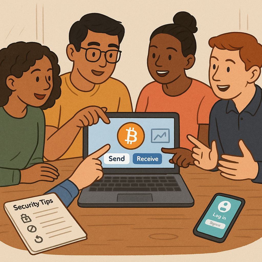 Friends learning about crypto together with a laptop, discussing user-friendly wallets, visual explanations, hands-on demo, and security basics