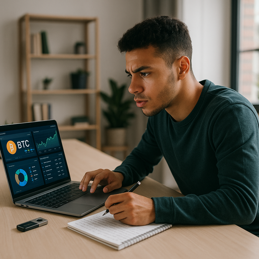 Motivated crypto beginner analyzing strategies on laptop in modern home office