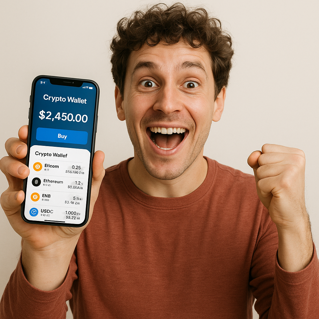 Excited person holding smartphone with crypto wallet app open, ready to make first cryptocurrency purchase