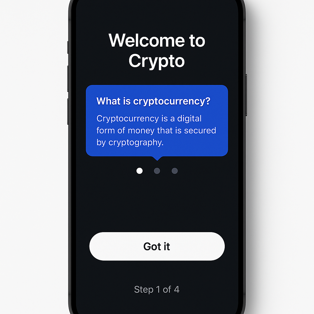 Mobile crypto onboarding UI showcasing progressive steps, tooltips, and accessible design best practices