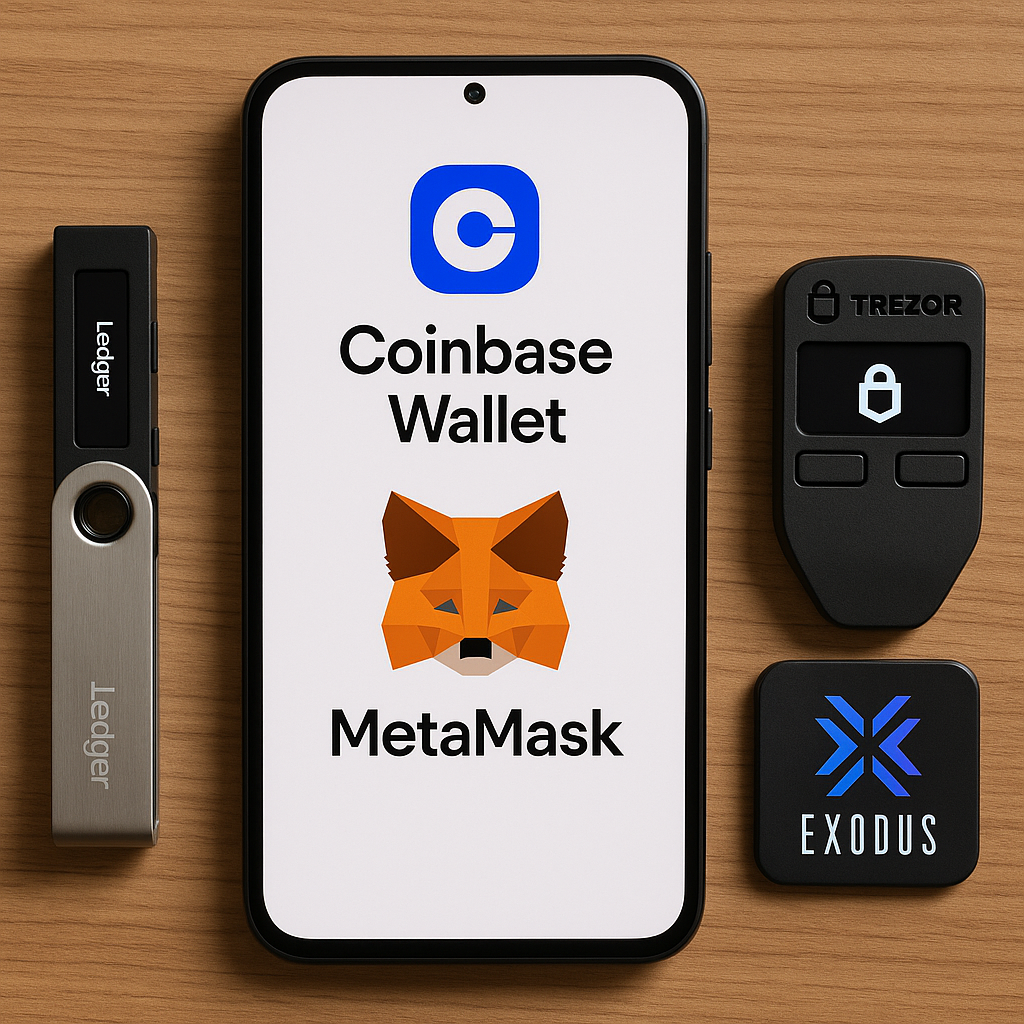 Split image showing Coinbase Wallet and MetaMask apps on a smartphone next to Ledger Nano S Plus and Trezor Model One hardware wallets for beginners