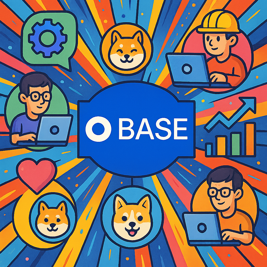 Vibrant illustration of Base chain logo surrounded by dApps, memecoins, and builders icons