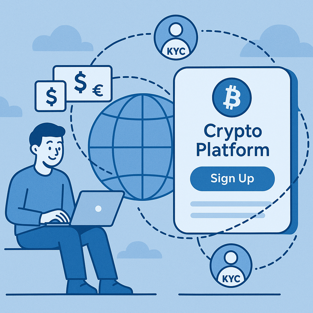 Seamless crypto onboarding with global payment rails and KYC checkpoints visualized
