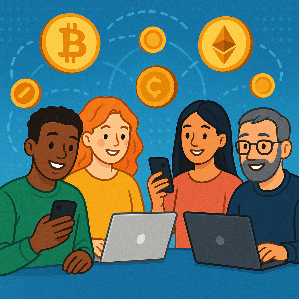 Welcoming illustration of diverse people exploring cryptocurrency on their devices