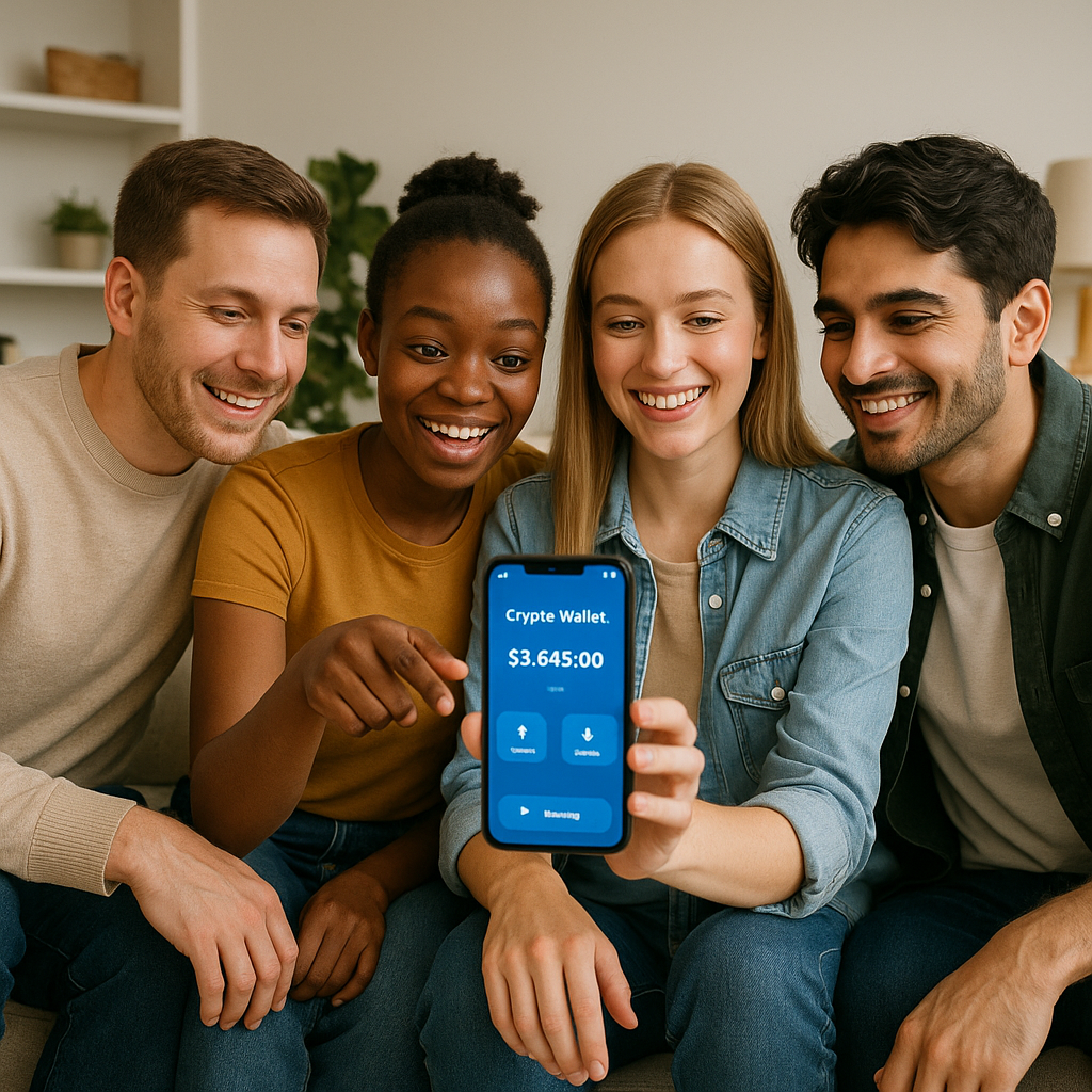 Friends sitting together, one showing a crypto wallet app on their phone, demonstrating step-by-step onboarding to cryptocurrency for beginners