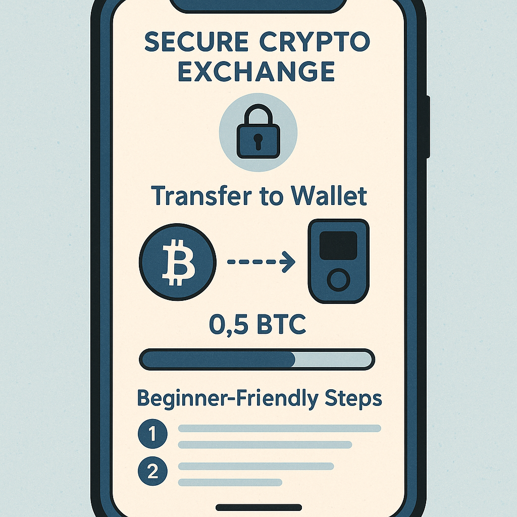Illustration of cryptocurrency being transferred from a secure exchange app to a personal hardware wallet, representing safe crypto buying steps for beginners in 2025