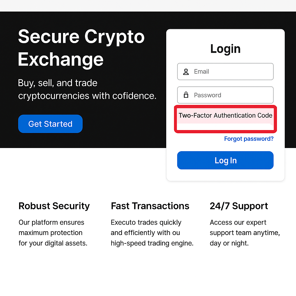 Secure crypto exchange homepage with 2FA login screen for safe cryptocurrency buying in 2025