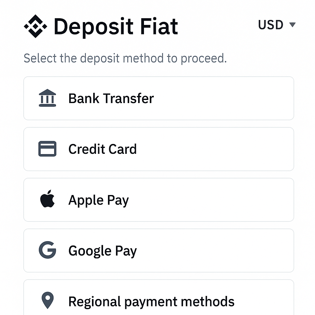 Screenshot of Binance fiat deposit interface in 2025 showing bank transfer, credit card, Apple Pay, Google Pay, and regional payment options