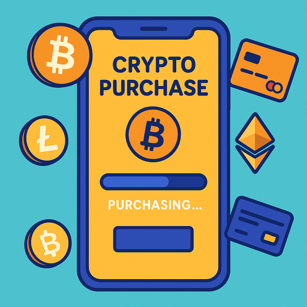 A vibrant smartphone screen showing a crypto purchase in progress, with coins and credit cards floating around