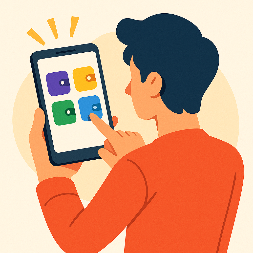 A person choosing between colorful crypto wallet app icons on a smartphone, energetic and modern style