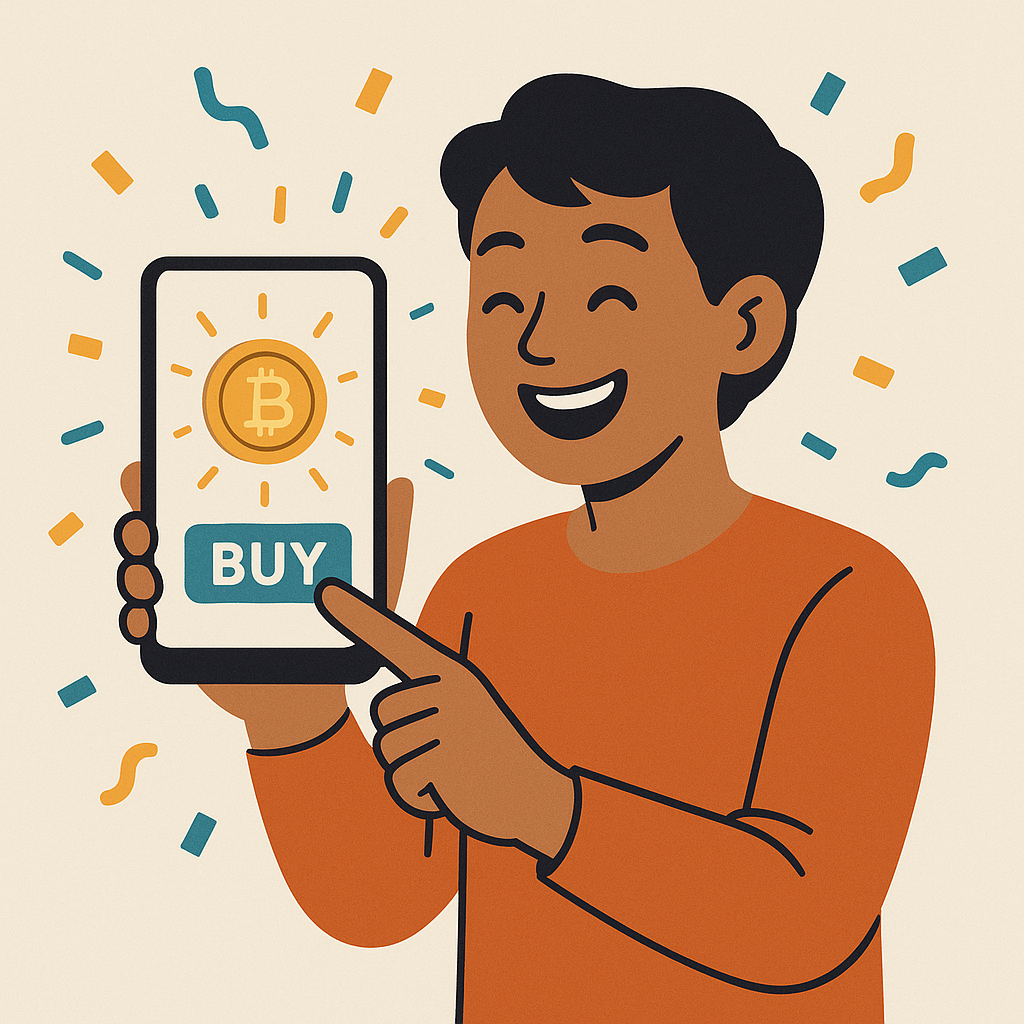 A person joyfully tapping 'Buy' on a smartphone, digital confetti and a shining crypto coin on screen