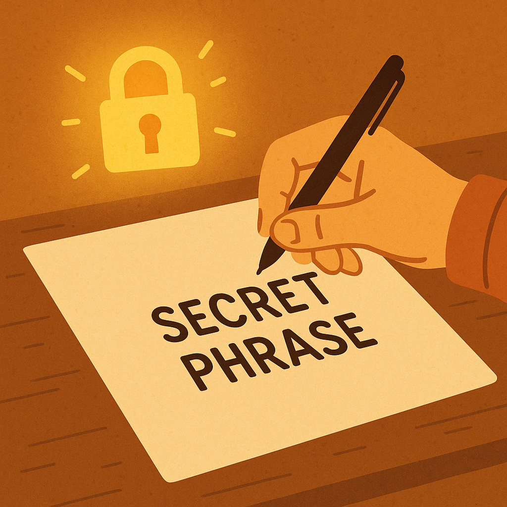 A hand writing a secret phrase on paper, with a glowing lock symbol nearby, adventurous vibe
