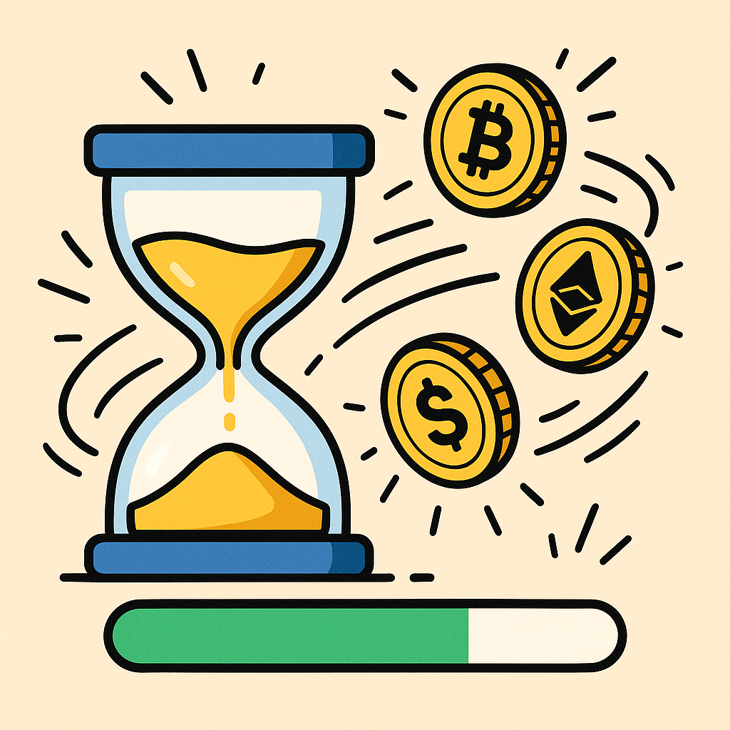 A digital hourglass and spinning crypto coins, with a progress bar filling up, energetic style