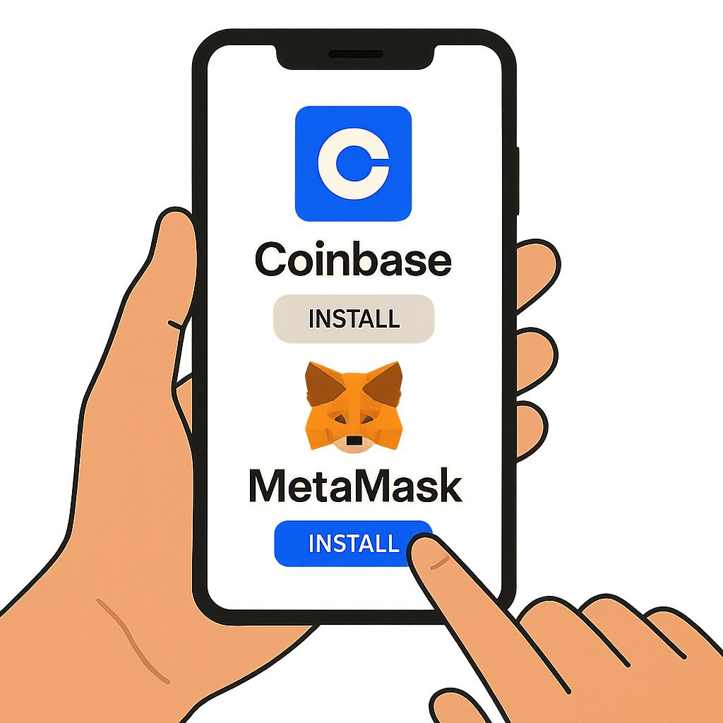 person holding a smartphone displaying the Coinbase and MetaMask logos, app installation screen, clear and simple interface
