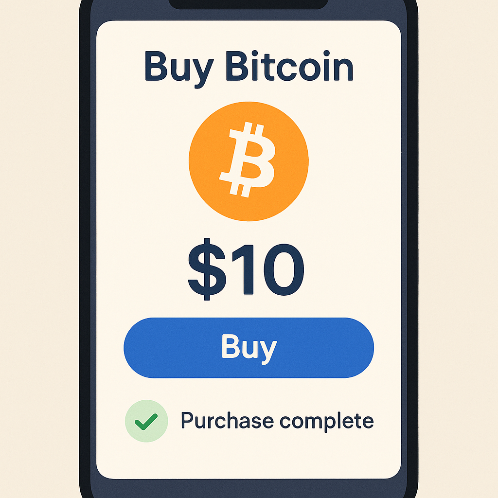 smartphone screen showing a small crypto purchase, $10 of Bitcoin, simple and reassuring visuals