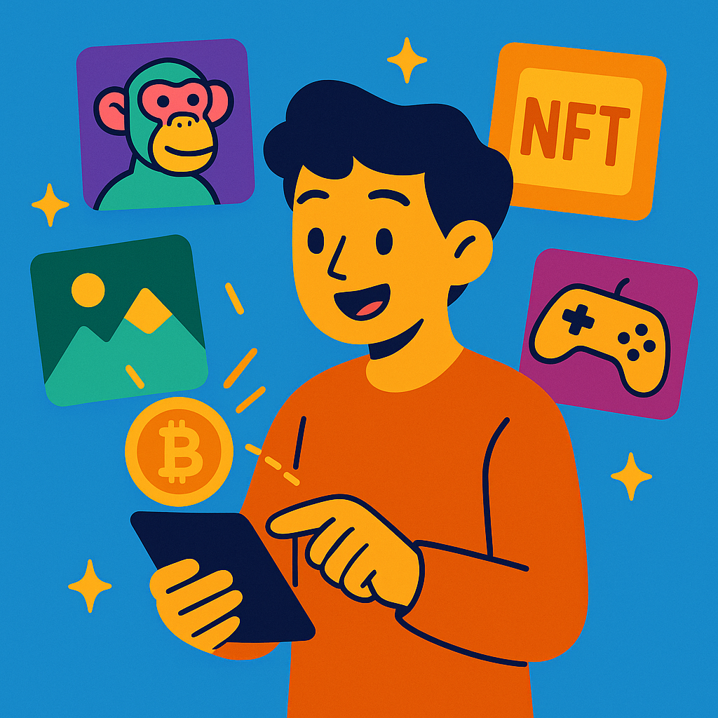 person sending crypto on a phone, colorful NFT or game icons in the background, sense of excitement and discovery