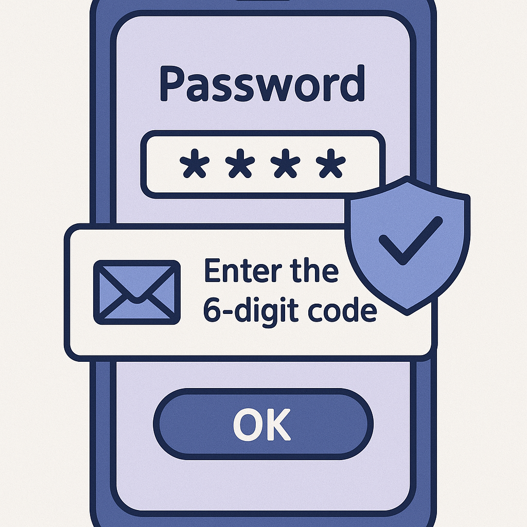 phone screen with password entry, 2FA prompt, and shield icon, emphasizing security