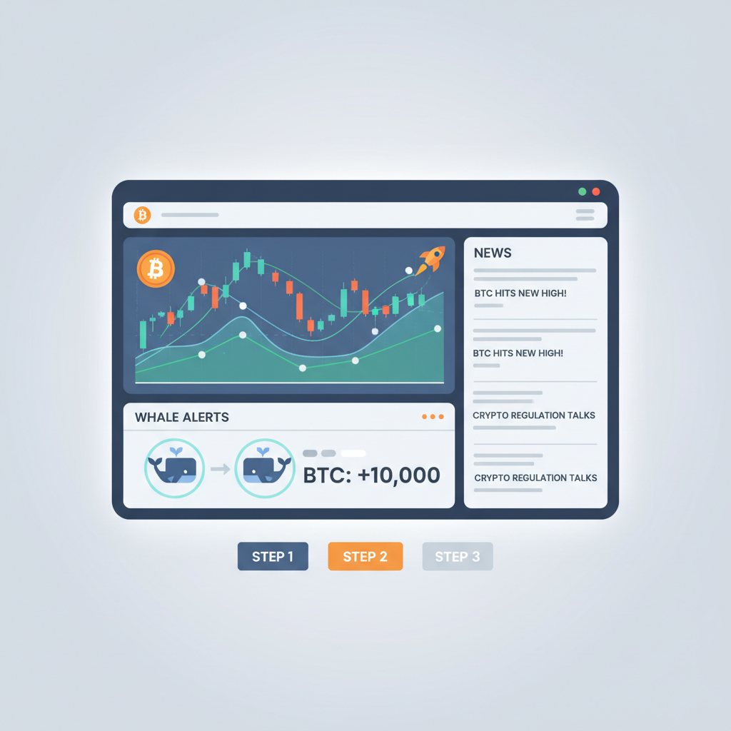 Dashboard with Bitcoin charts, whale alerts, news feed, modern tech screen