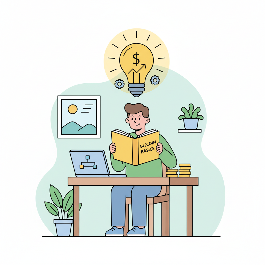 Beginner reading Bitcoin book, lightbulb idea, simple educational illustration