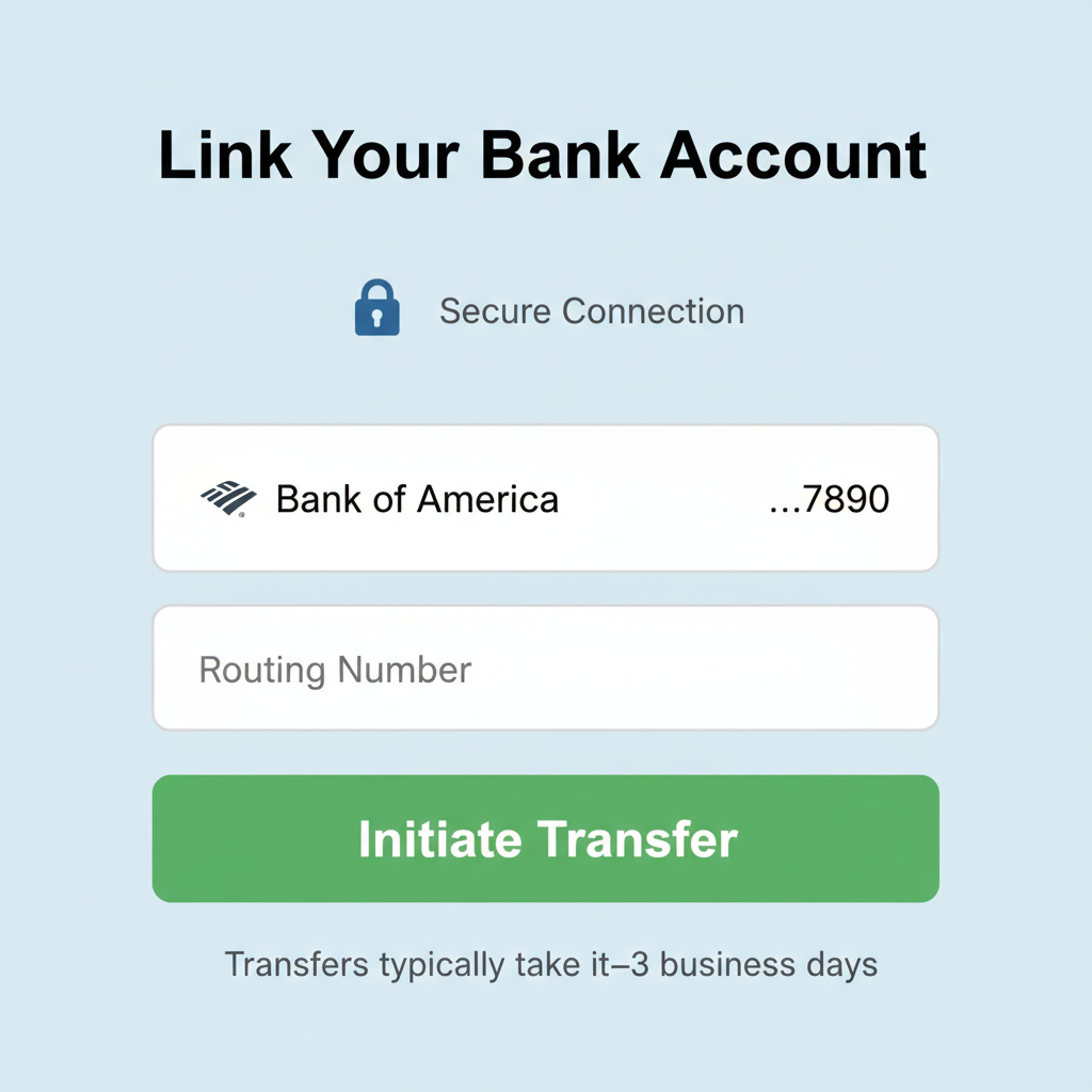 screenshot of brokerage funding screen linking bank, green transfer button, secure padlock icon
