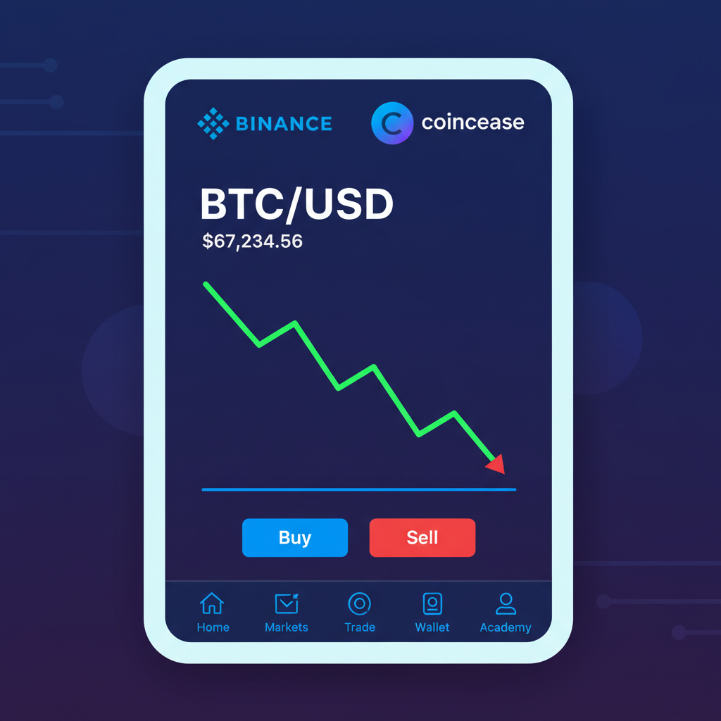 modern crypto exchange app screen, Binance Coinbase logos, BTC price $67k chart dipping, neon blue green tones