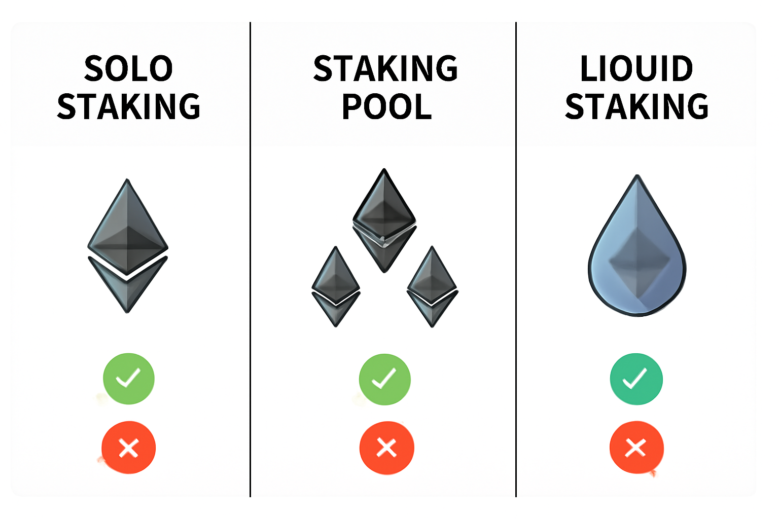 a comparison chart showing three options: solo staking, staking pool, and liquid staking, each with Ethereum icons and simple pros/cons symbols