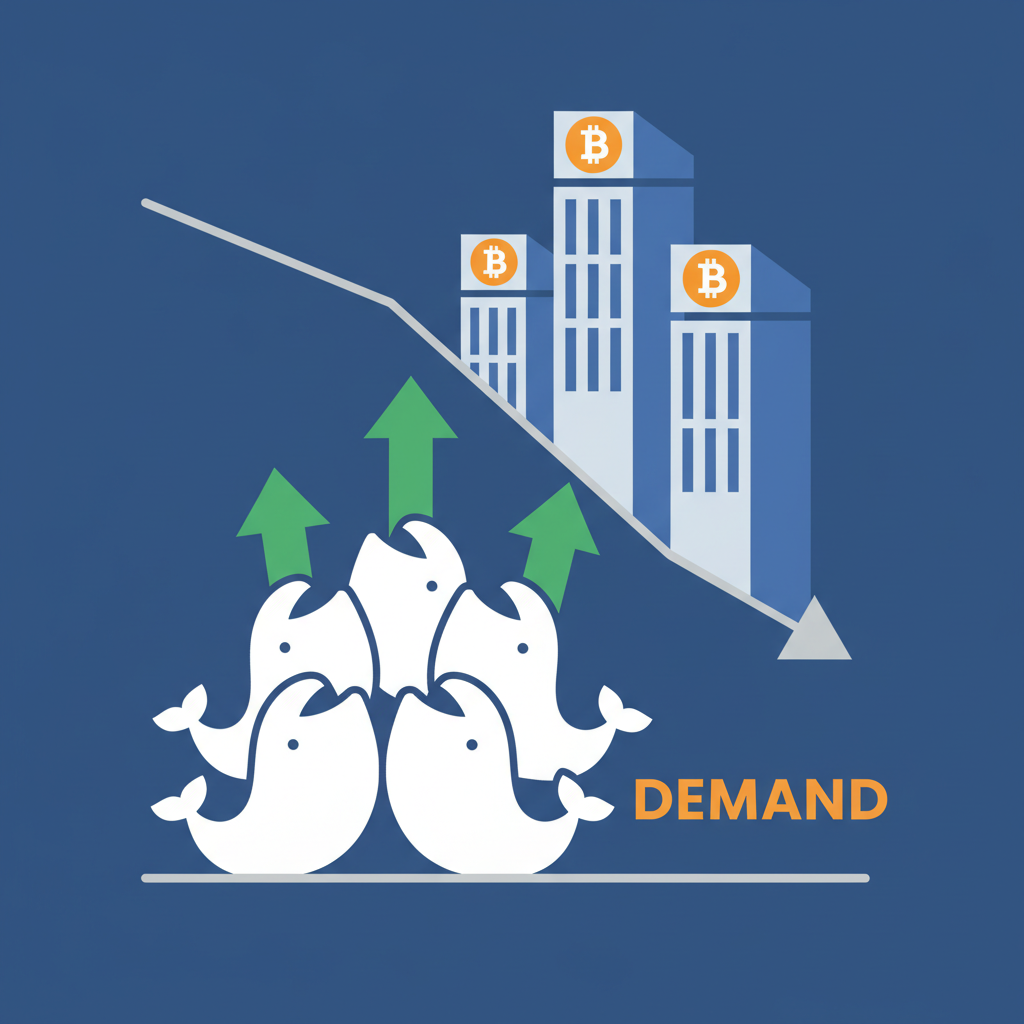 bitcoin chart dip with whale icons accumulating, corporate buildings holding BTC, green demand arrows