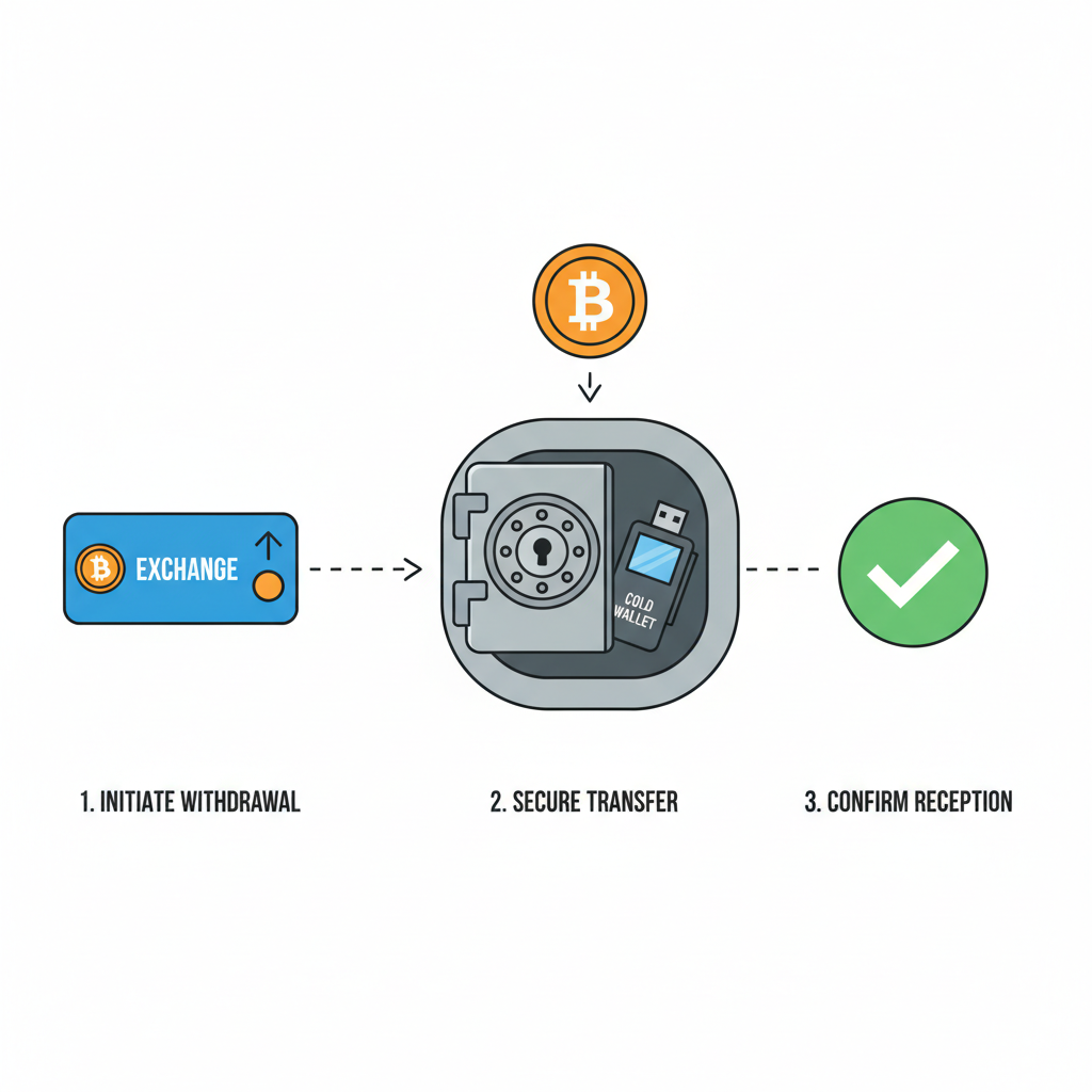 Transferring Bitcoin from exchange to cold wallet hardware device, secure vault graphic, padlock icons