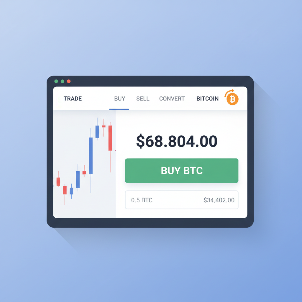 Coinbase trade screen buying BTC at $68,804 price chart visible, orange Bitcoin logo