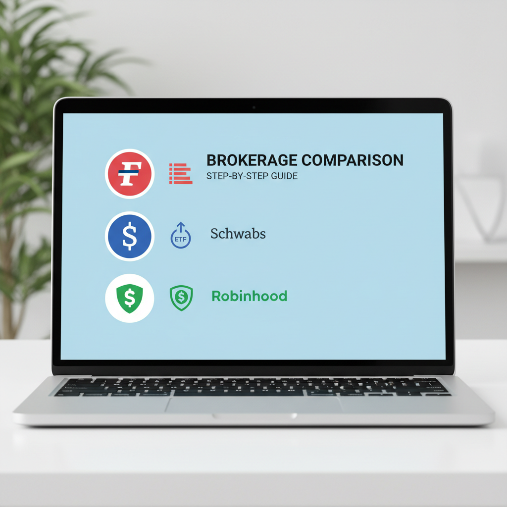 clean laptop screen showing brokerage comparison: Fidelity, Schwab, Robinhood logos with ETF icons