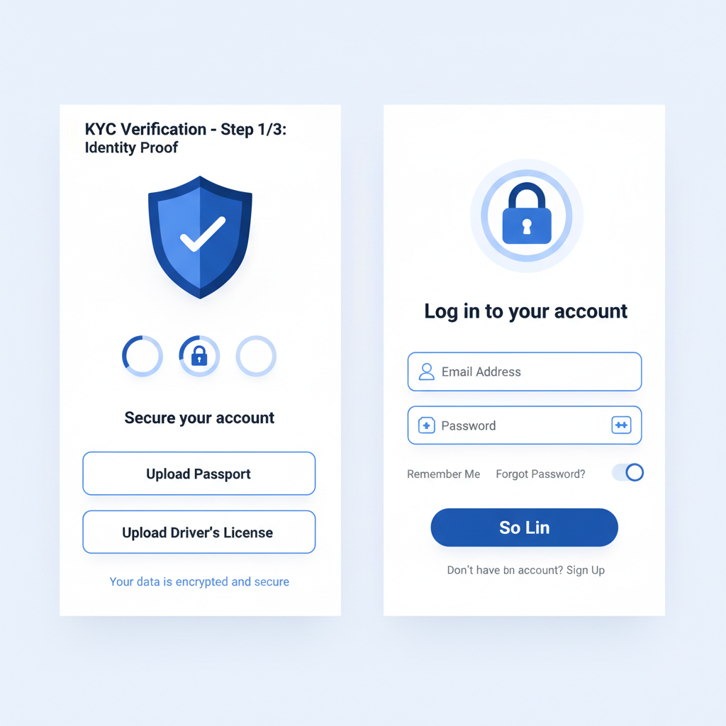 clean interface of reputable crypto exchange app, KYC verification screen, secure login, professional blue tones