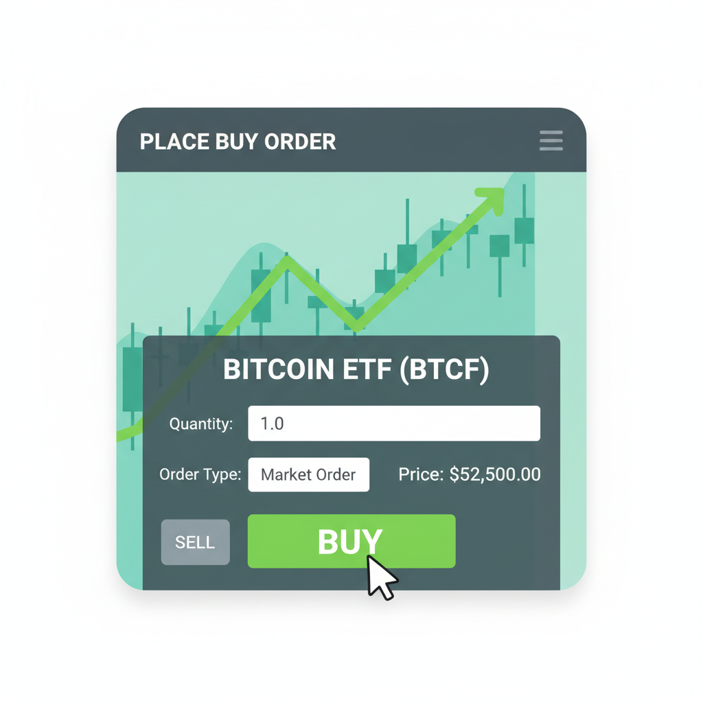 placing buy order for Bitcoin ETF on trading screen, green buy button, chart background