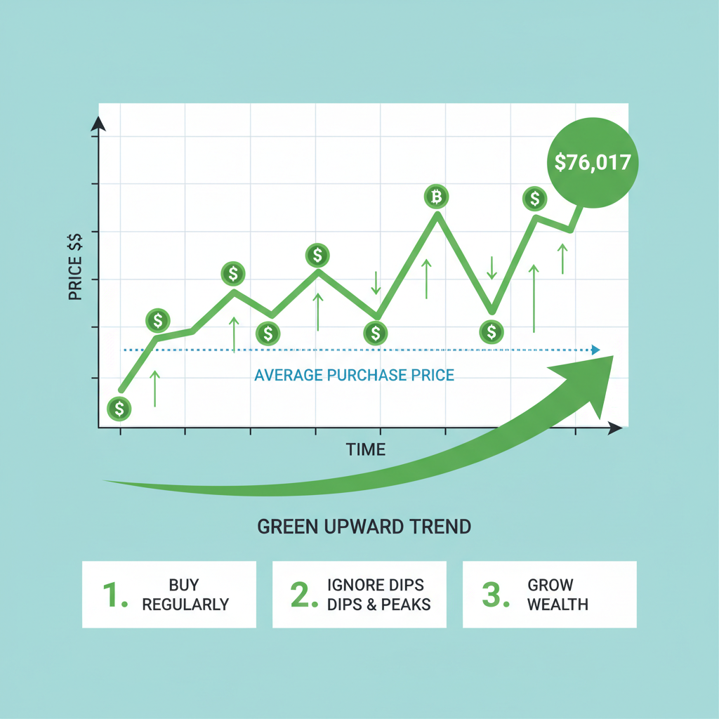 dollar cost averaging chart showing bitcoin buys over time during dip, green upward trend, price at $76,017 label