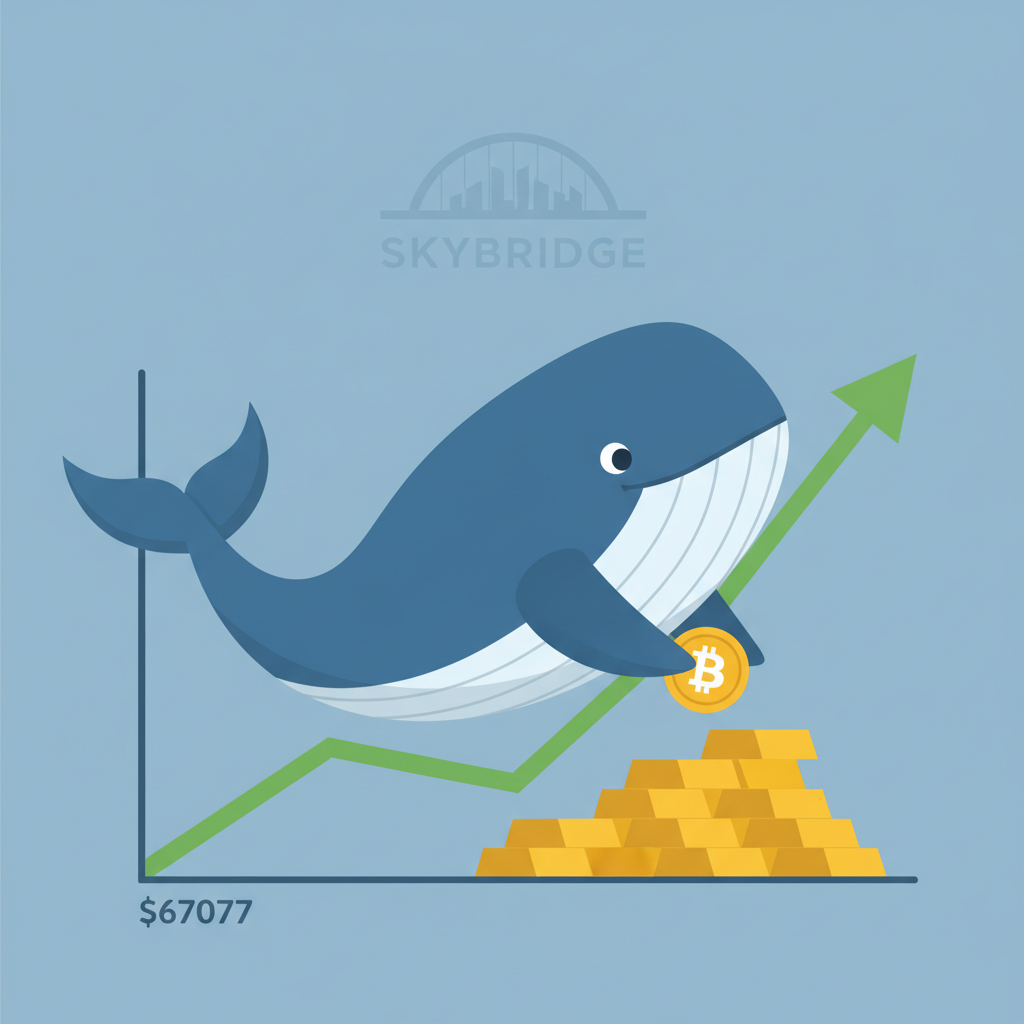 whale investor scaling buys on rising BTC chart from $67077, stacking gold bitcoin bars, skybridge logo faint