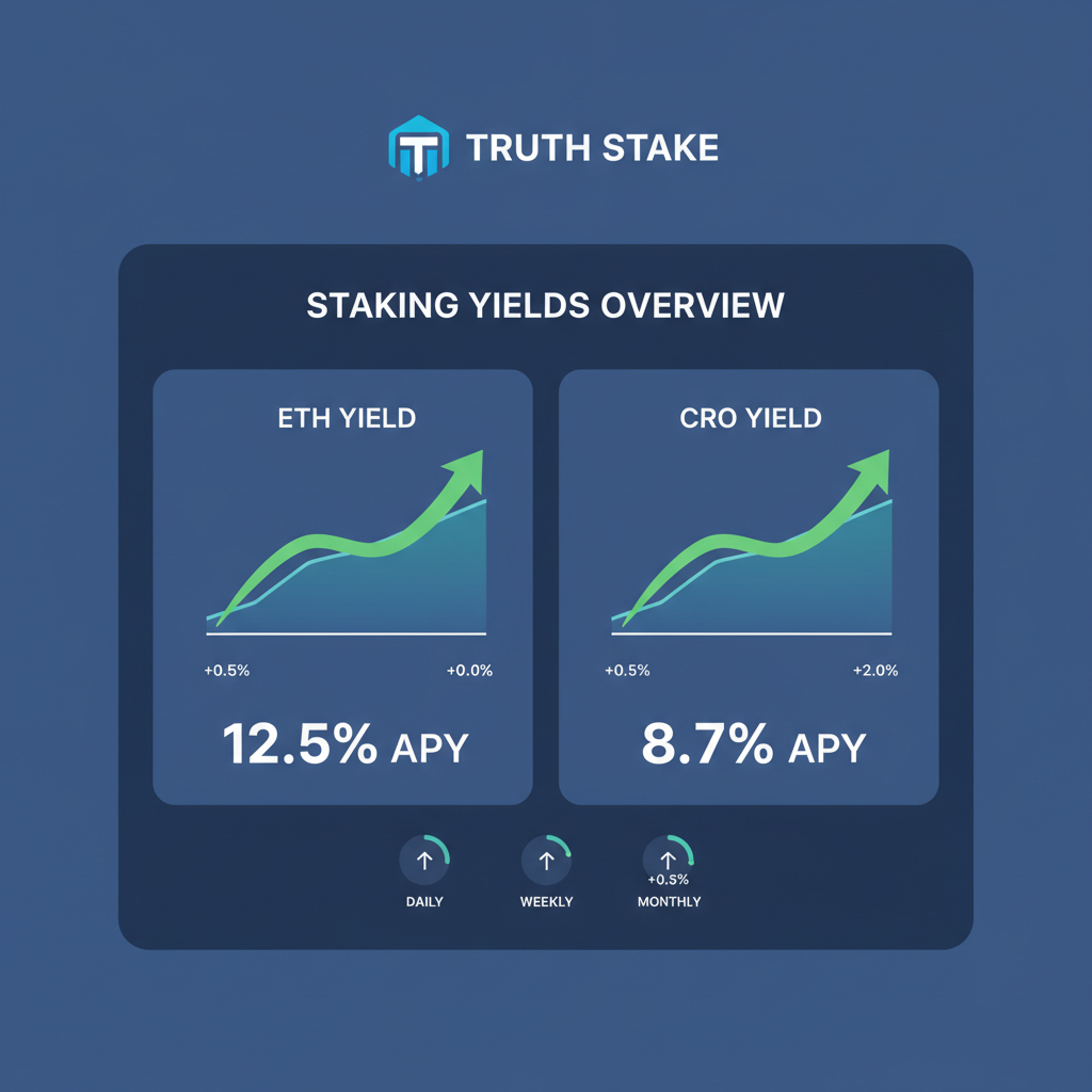monitoring staking yields dashboard, ETH CRO charts, growth arrows, Truth Social branding