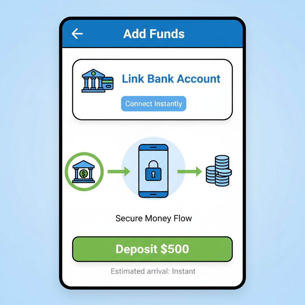 OnePay app funding screen linking bank with dollar deposit button, secure lock icon, green money flow